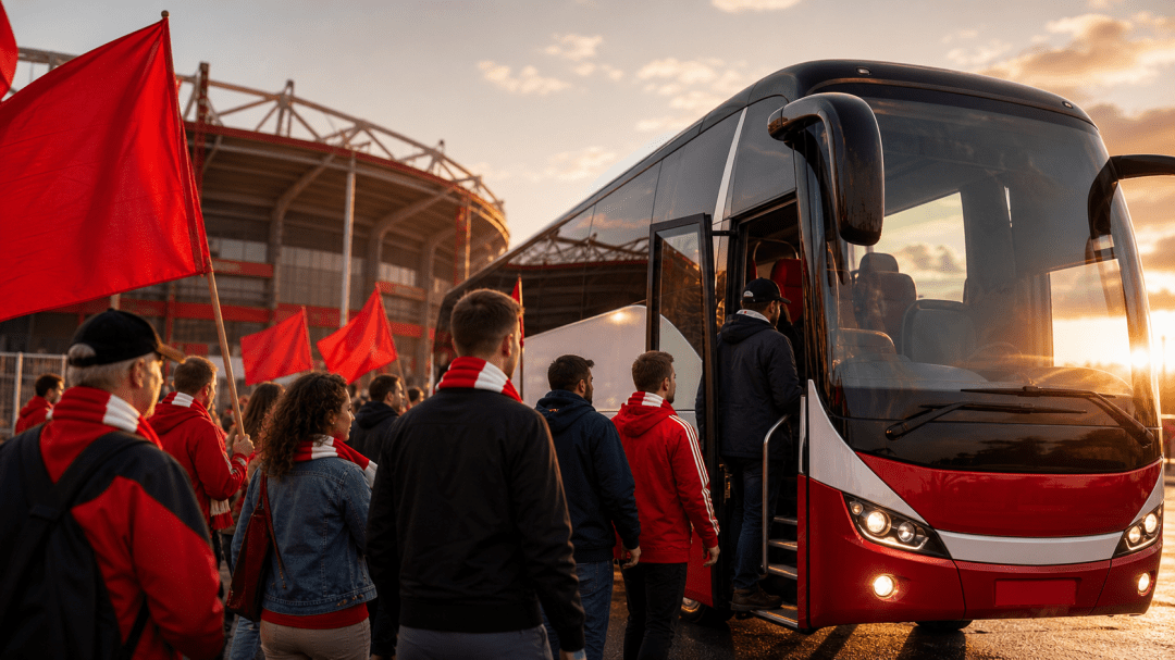 Football supporters boarding a red-and-white coach outside a stadium for an away match
